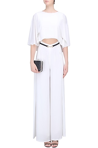 White and Gold Buckle Belt Cape Jumpsuit by Karn Malhotra