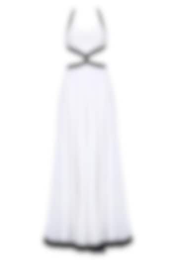 White Monochrome Flared Backless Gown by Karn Malhotra