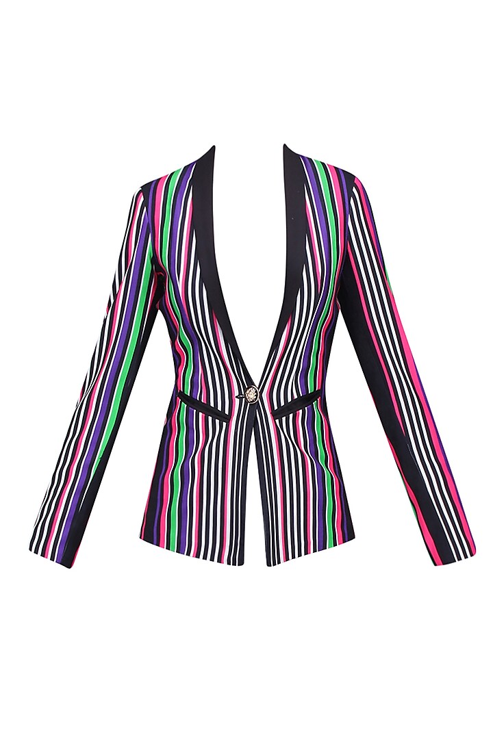 White, Black, Green, Pink and Purple Striped Full Sleeves Jacket by Karn Malhotra