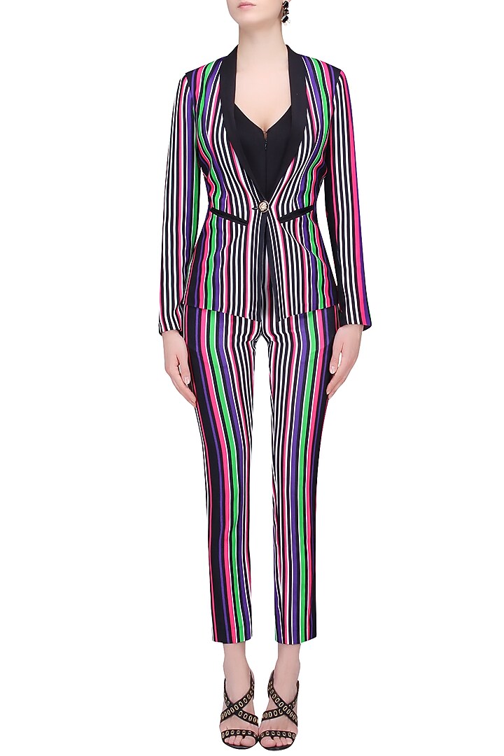 White, black, green, pink and purple striped full sleeves jacket available only at Pernia's Pop Up Shop.