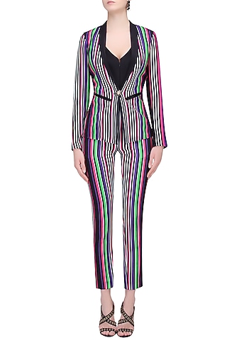 White, Black, Green, Pink and Purple Striped Full Sleeves Jacket by Karn Malhotra