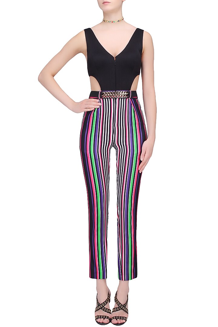 White, black, green, pink and purple striped one piece bodysuit available only at Pernia's Pop Up Shop.