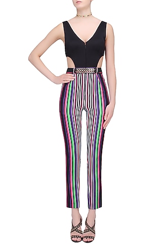 White, Black, Green, Pink and Purple Striped One Piece Bodysuit by Karn Malhotra