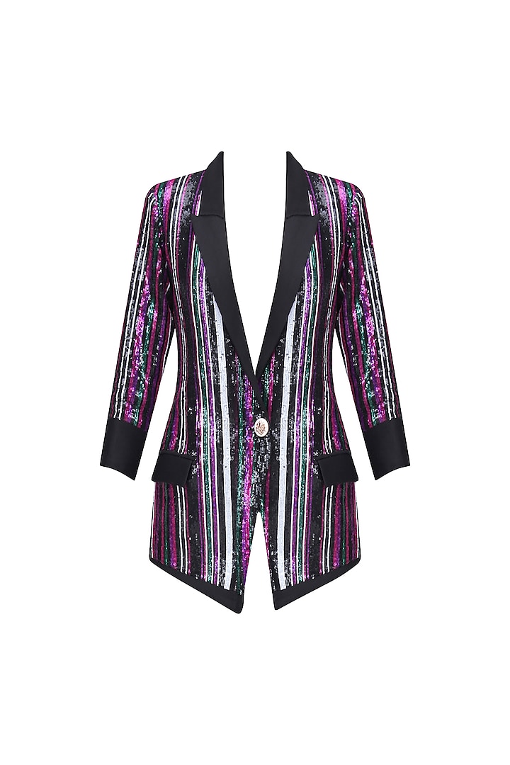 Black, Green, Pink and Purple Sequins Striped Jacket by Karn Malhotra