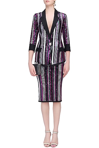 Black, Green, Pink and Purple Sequins Striped Jacket by Karn Malhotra