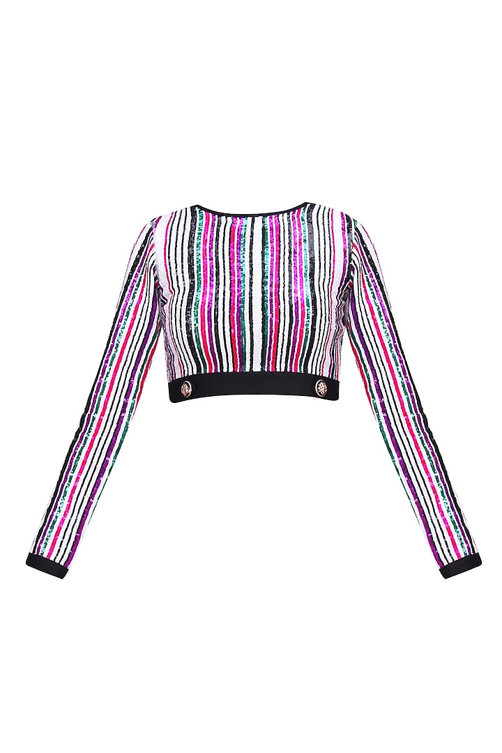 White, Green, Pink and Purple Sequins Striped Crop Top by Karn Malhotra