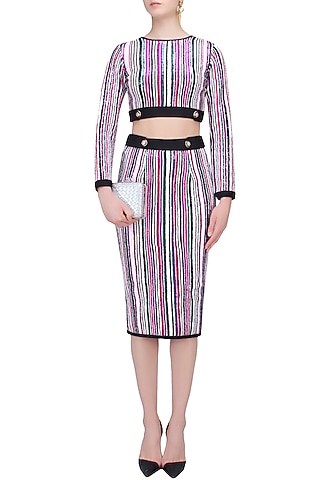 White, Green, Pink and Purple Sequins Striped Crop Top by Karn Malhotra