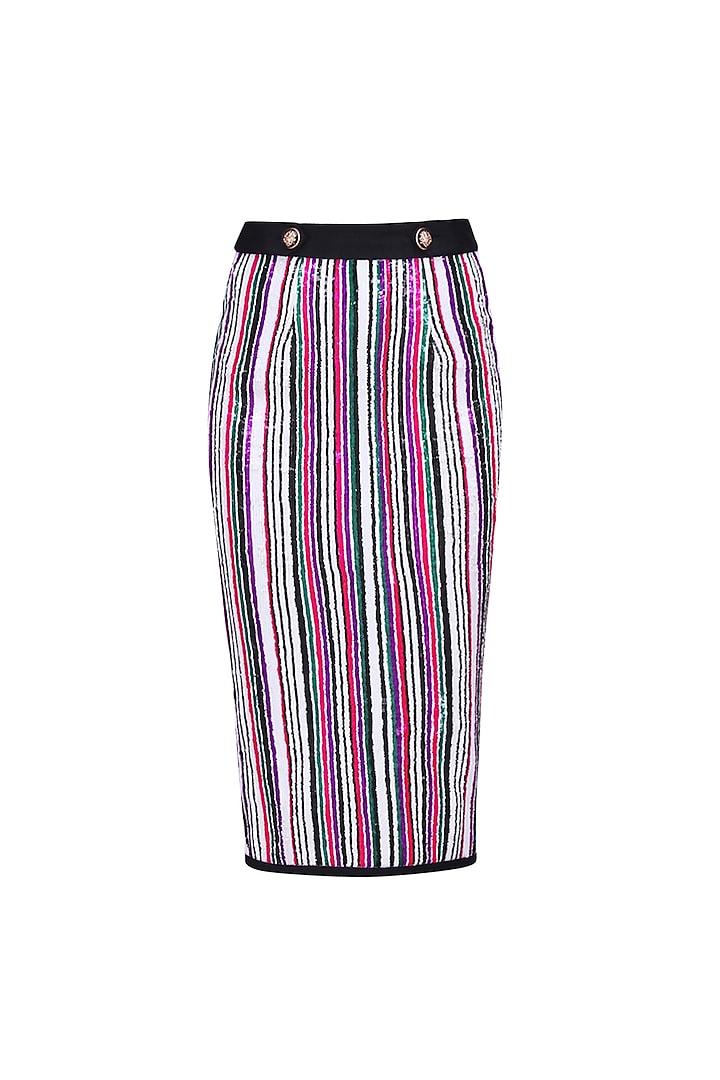 White, Green, Pink and Purple Sequins Striped Fitted Skirt by Karn Malhotra