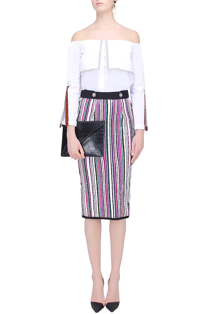 White, green, pink and purple sequins striped fitted skirt available only at Pernia's Pop Up Shop.