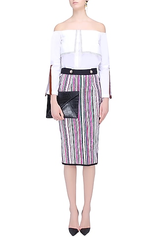 White, Green, Pink and Purple Sequins Striped Fitted Skirt by Karn Malhotra