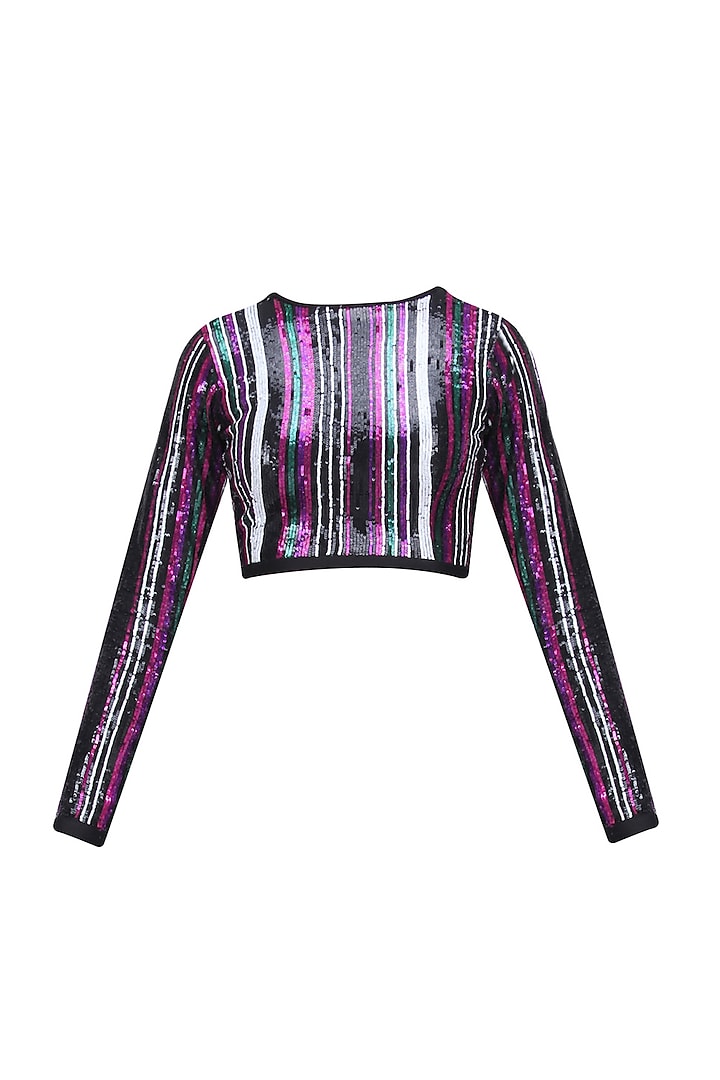 Black, Green, Pink and Purple Sequins Striped Crop Top by Karn Malhotra