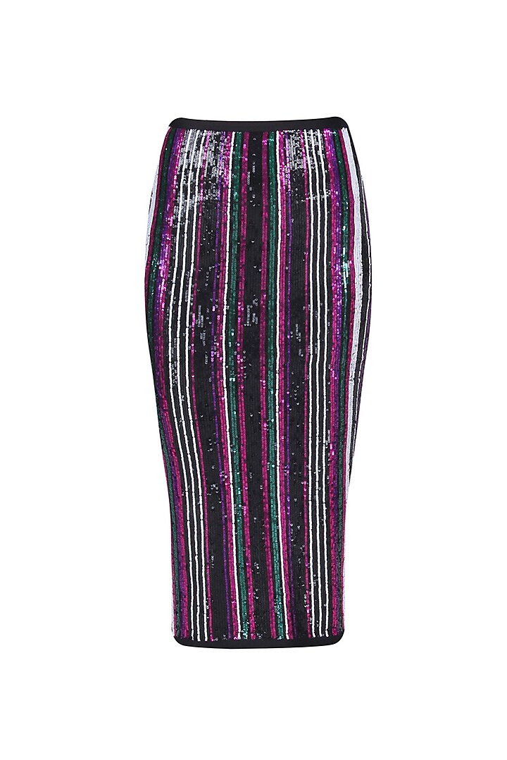 Black, Green, Pink and Purple Sequins Striped Fitted Skirt by Karn Malhotra