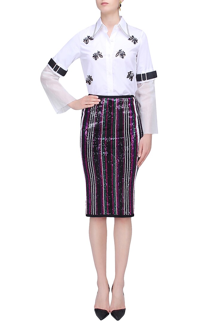 Black, green, pink and purple sequins striped fitted skirt available only at Pernia's Pop Up Shop.