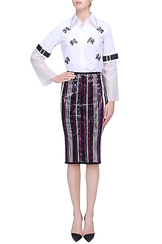 Black, Green, Pink and Purple Sequins Striped Fitted Skirt by Karn Malhotra