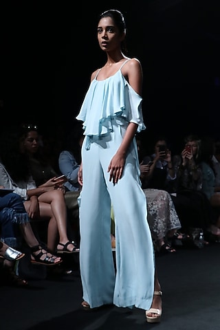 Powder Blue Ruffled Jumpsuit by Karn Malhotra