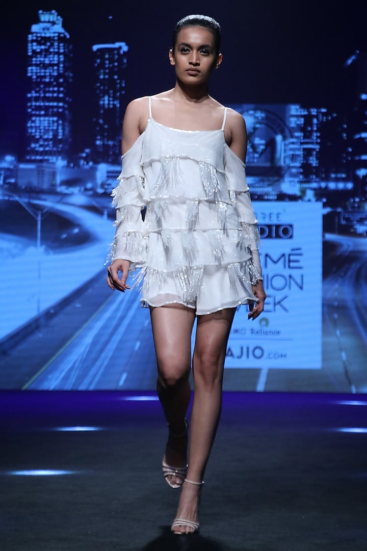 White Layered Mini Dress by Karn Malhotra