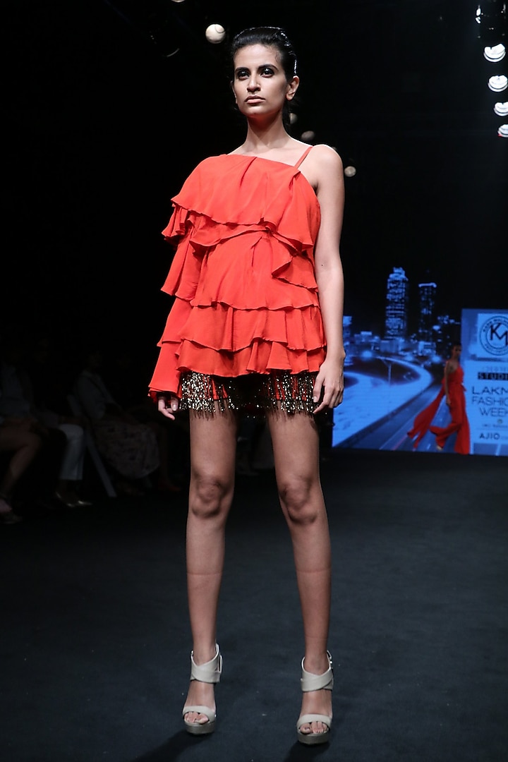 Flamingo Orange Layered Mini Dress by Karn Malhotra
