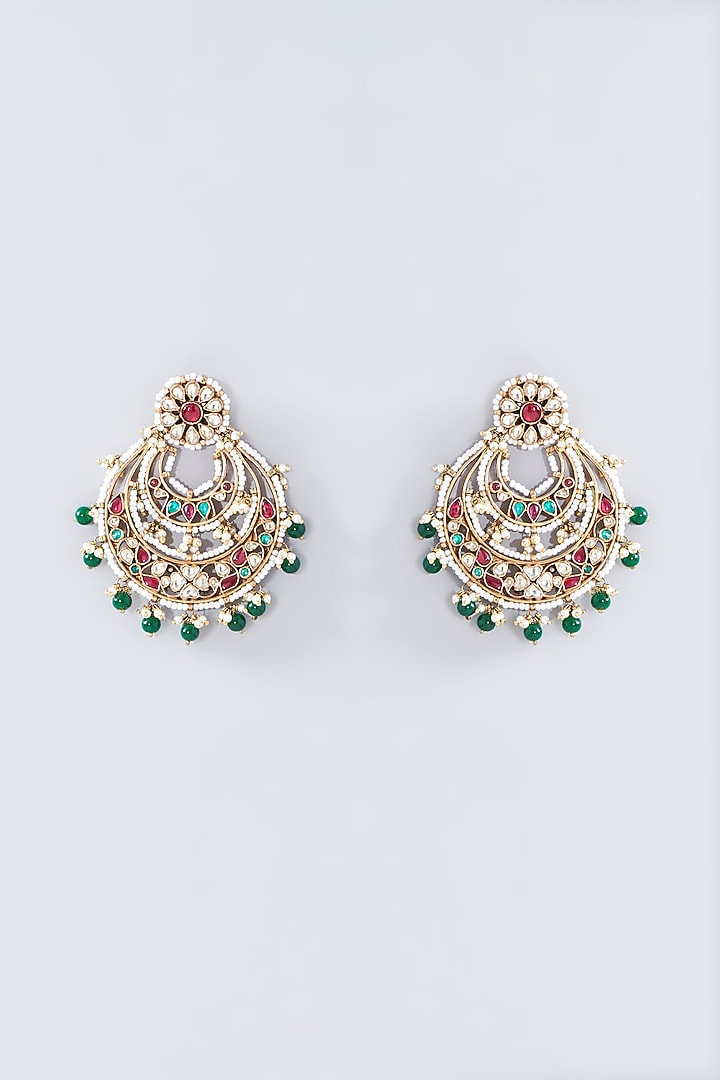 Gold Finish Kundan Polki & Green Beaded Chandbali Earrings by Kreart at Pernia's Pop Up Shop
