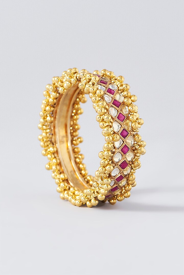 Gold Finish Kundan Polki & Ghungroo Bangles (Set Of 2) by Kreart at Pernia's Pop Up Shop