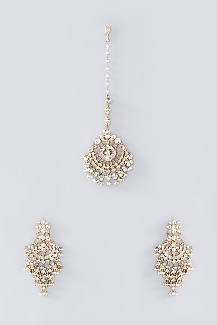 Gold Finish Kundan Polki Chandbali Earrings With Maang Tikka by Kreart at Pernia's Pop Up Shop