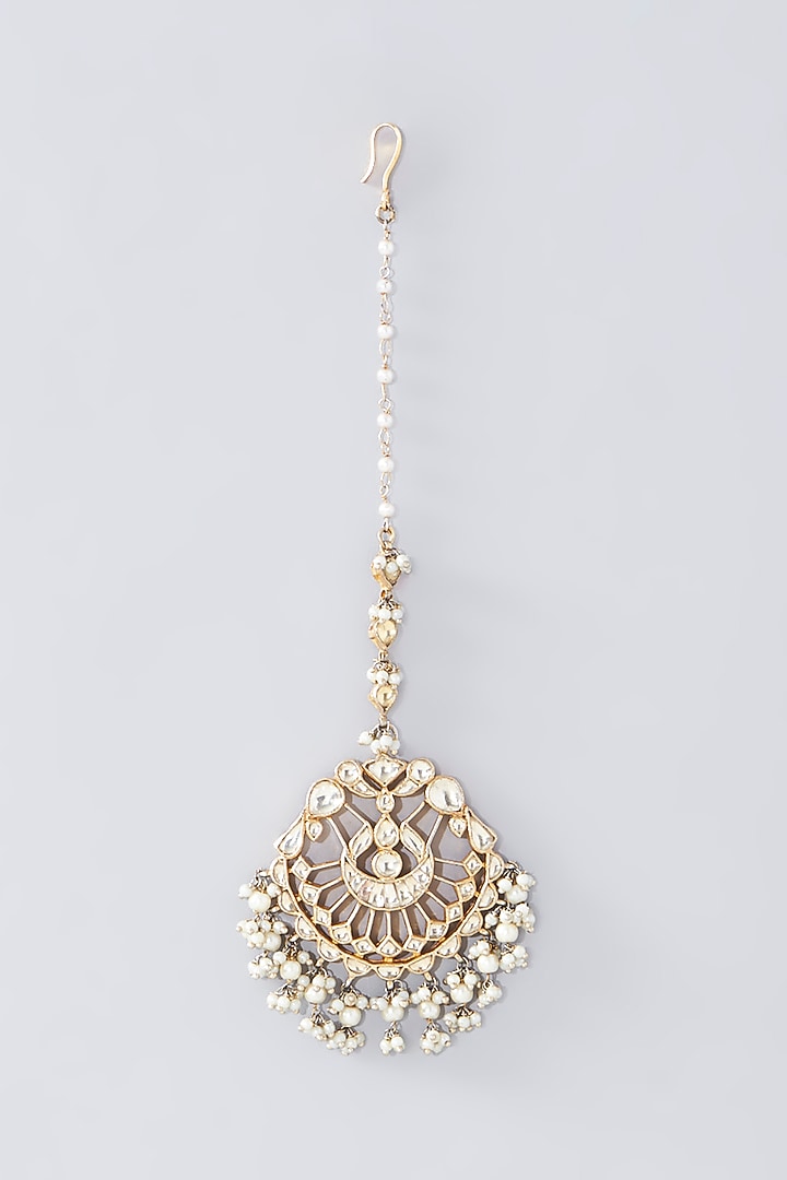 Gold Finish Kundan Polki Chandbali Earrings With Maang Tikka by Kreart at Pernia's Pop Up Shop