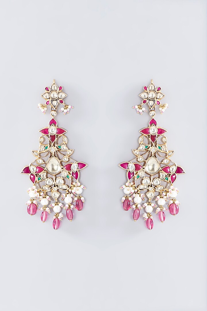 Gold Finish Multi-Colored Kundan Polki Chandbali Earrings by Kreart at Pernia's Pop Up Shop
