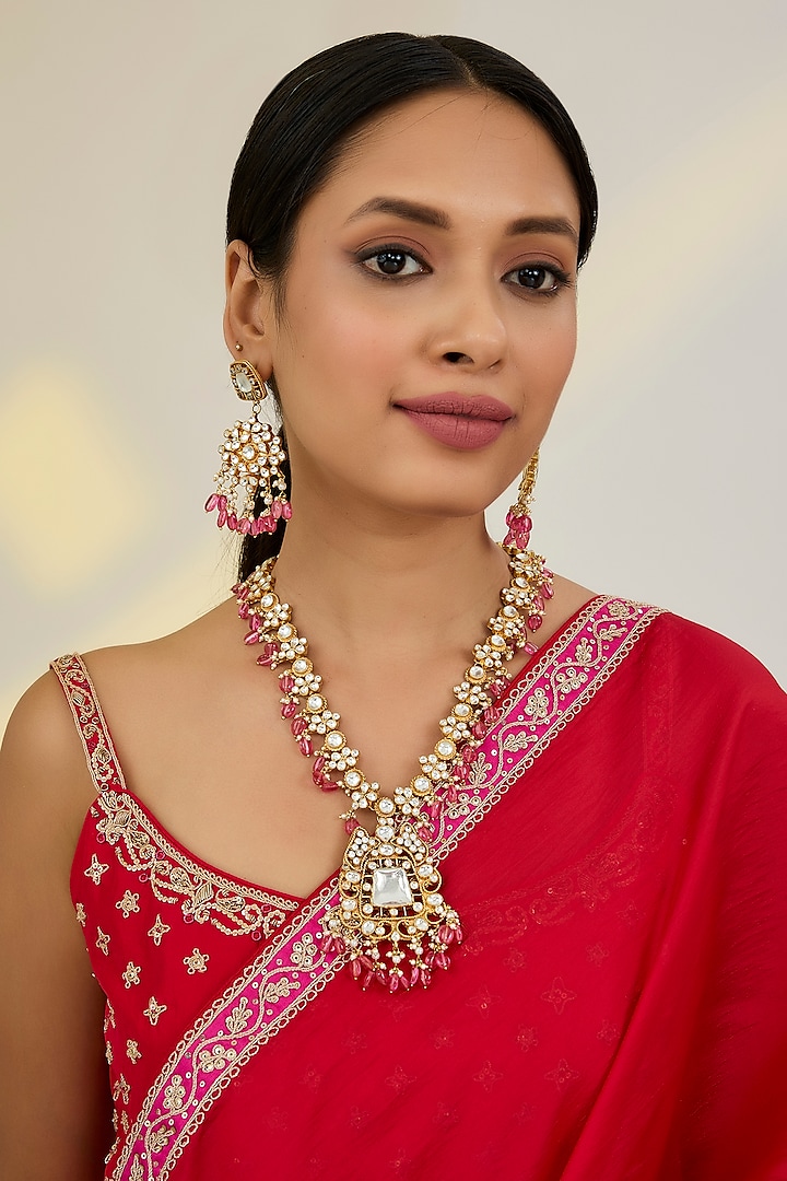 Gold Finish Kundan Polki & Pink Tourmaline Long Necklace Set by Kreart at Pernia's Pop Up Shop