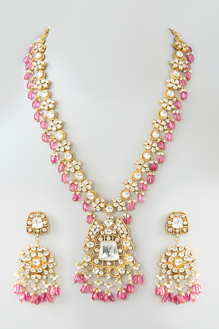 Gold Finish Kundan Polki & Pink Tourmaline Long Necklace Set by Kreart at Pernia's Pop Up Shop