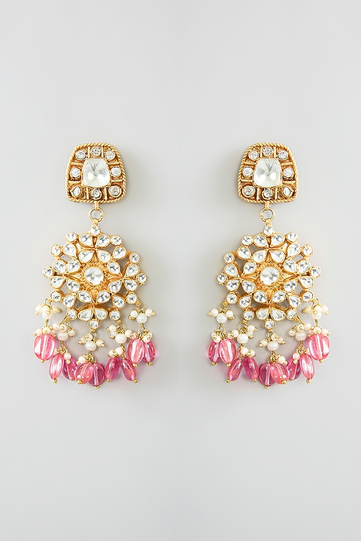Gold Finish Kundan Polki & Pink Tourmaline Long Necklace Set by Kreart at Pernia's Pop Up Shop