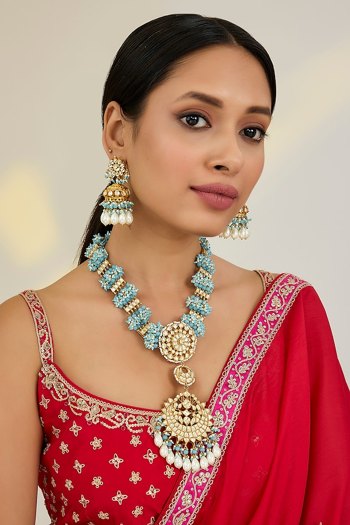 Gold Finish Kundan Polki & Blue Pearl Long Pendant Necklace Set by Kreart at Pernia's Pop Up Shop