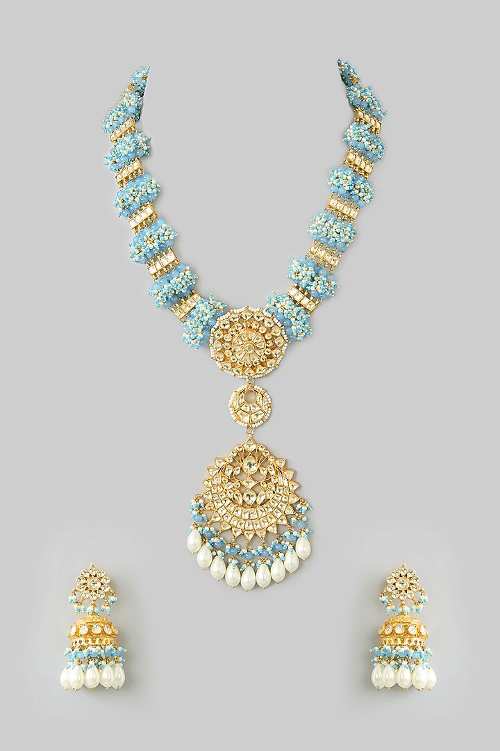 Gold Finish Kundan Polki & Blue Pearl Long Pendant Necklace Set by Kreart at Pernia's Pop Up Shop