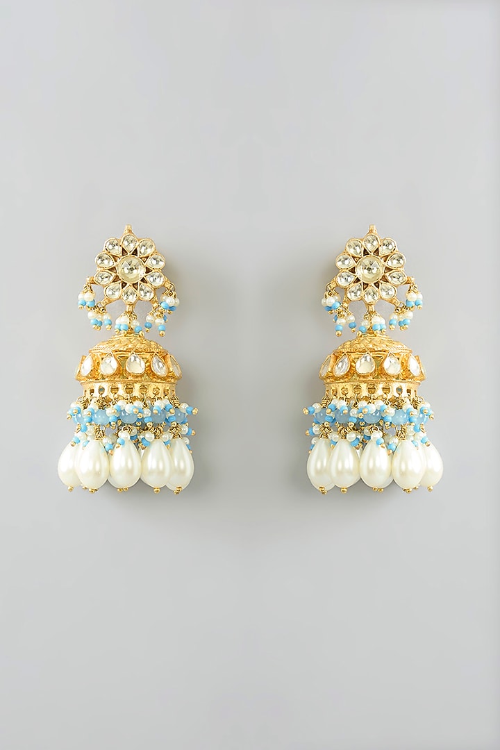 Gold Finish Kundan Polki & Blue Pearl Long Pendant Necklace Set by Kreart at Pernia's Pop Up Shop