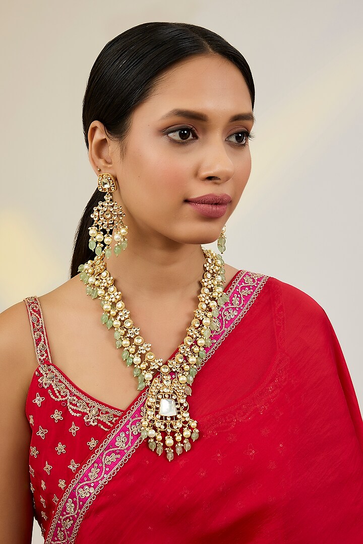 Gold Finish Kundan Polki & Green Beaded Long Necklace Set by Kreart at Pernia's Pop Up Shop