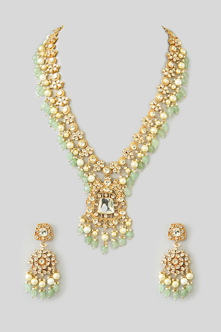 Gold Finish Kundan Polki & Green Beaded Long Necklace Set by Kreart at Pernia's Pop Up Shop