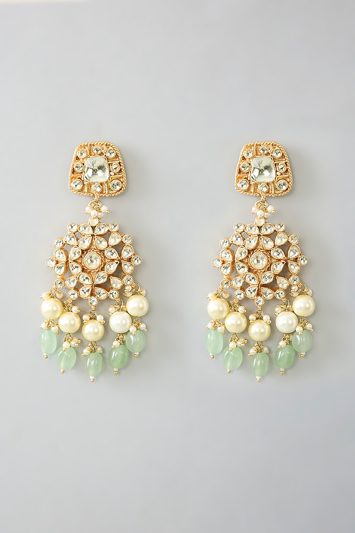 Gold Finish Kundan Polki & Green Beaded Long Necklace Set by Kreart at Pernia's Pop Up Shop