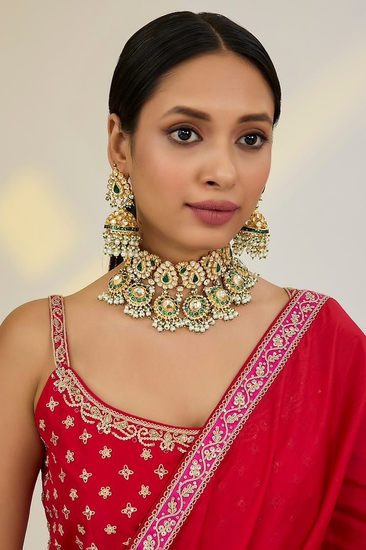 Gold Finish Kundan Polki & Pearl Beaded Choker Necklace Set by Kreart at Pernia's Pop Up Shop