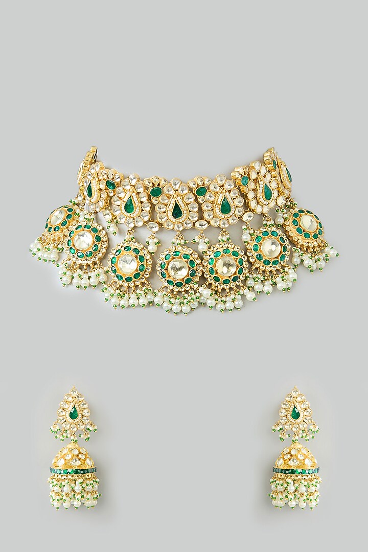 Gold Finish Kundan Polki & Pearl Beaded Choker Necklace Set by Kreart at Pernia's Pop Up Shop