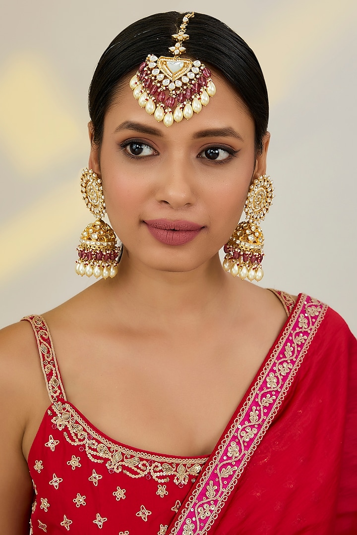 Gold Finish Kundan Polki & Pink Beaded Jhumka Earrings With Maangtikka by Kreart at Pernia's Pop Up Shop