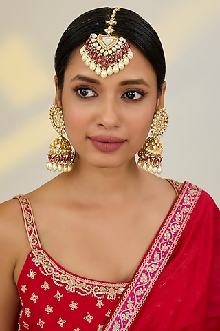 Gold Finish Kundan Polki & Pink Beaded Jhumka Earrings With Maangtikka by Kreart