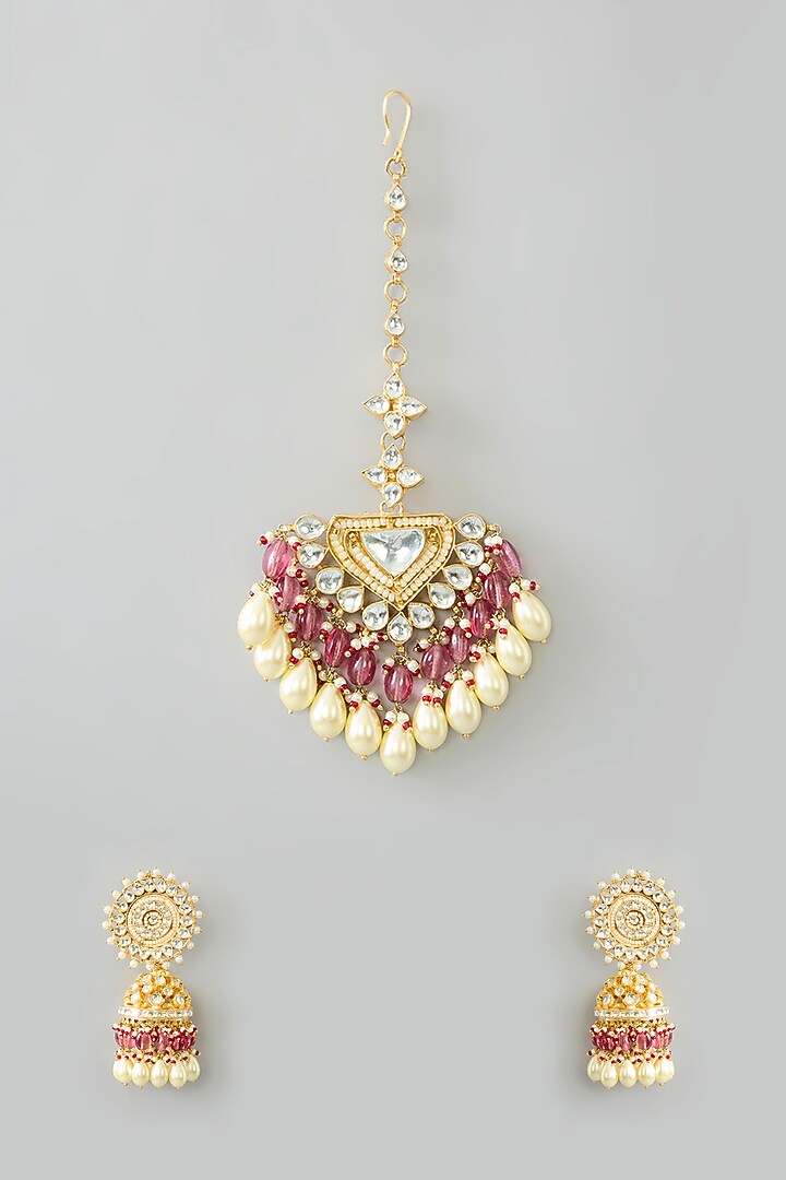 Gold Finish Kundan Polki & Pink Beaded Jhumka Earrings With Maangtikka by Kreart at Pernia's Pop Up Shop