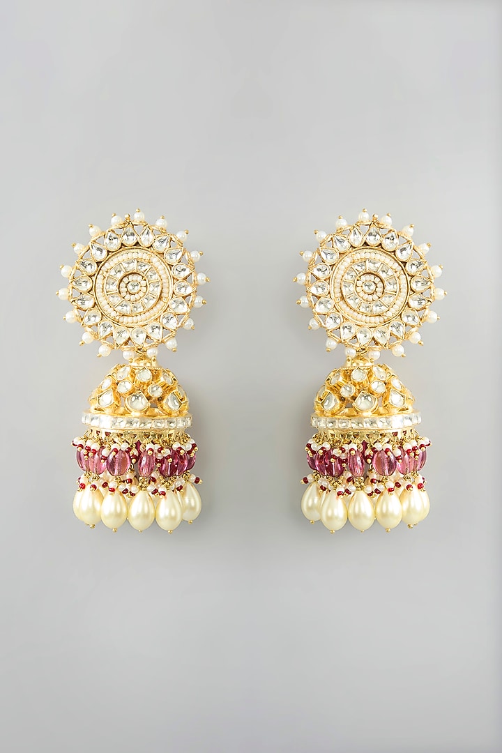Gold Finish Kundan Polki & Pink Beaded Jhumka Earrings With Maangtikka by Kreart at Pernia's Pop Up Shop
