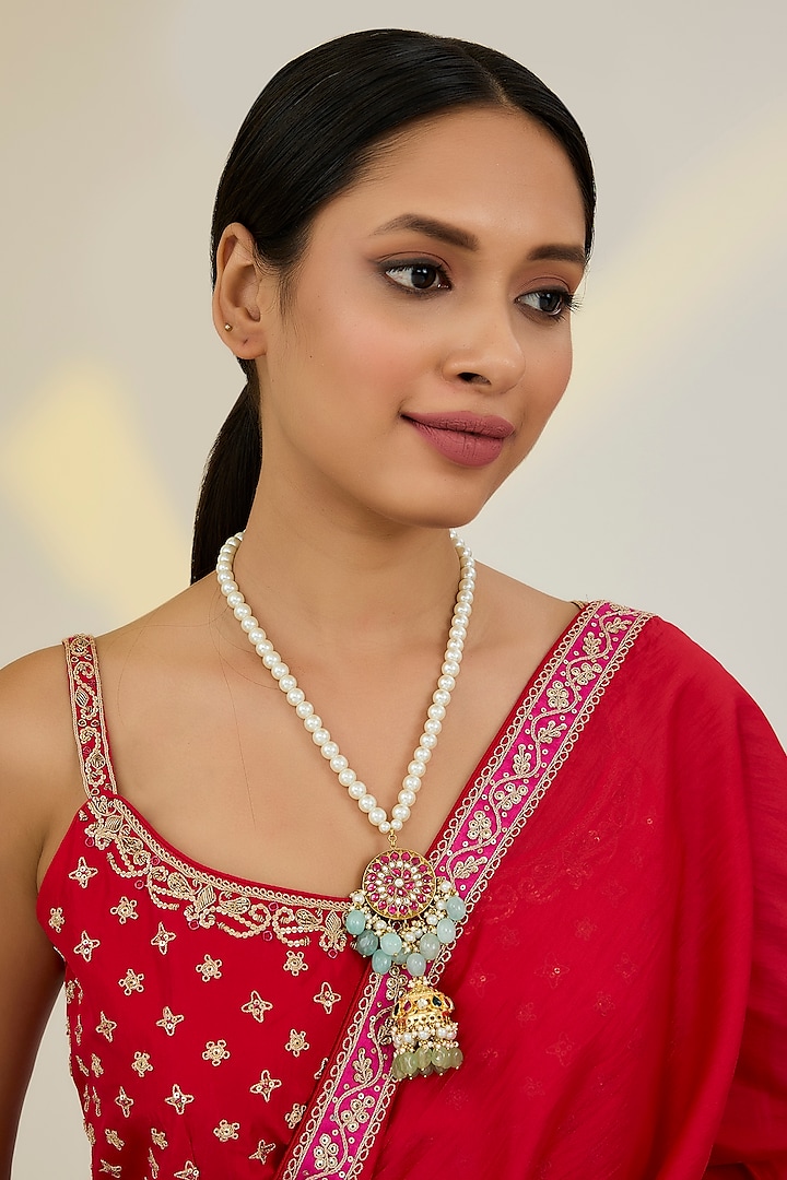 Gold Finish Kundan Polki & Pearl String Pendant Necklace by Kreart at Pernia's Pop Up Shop