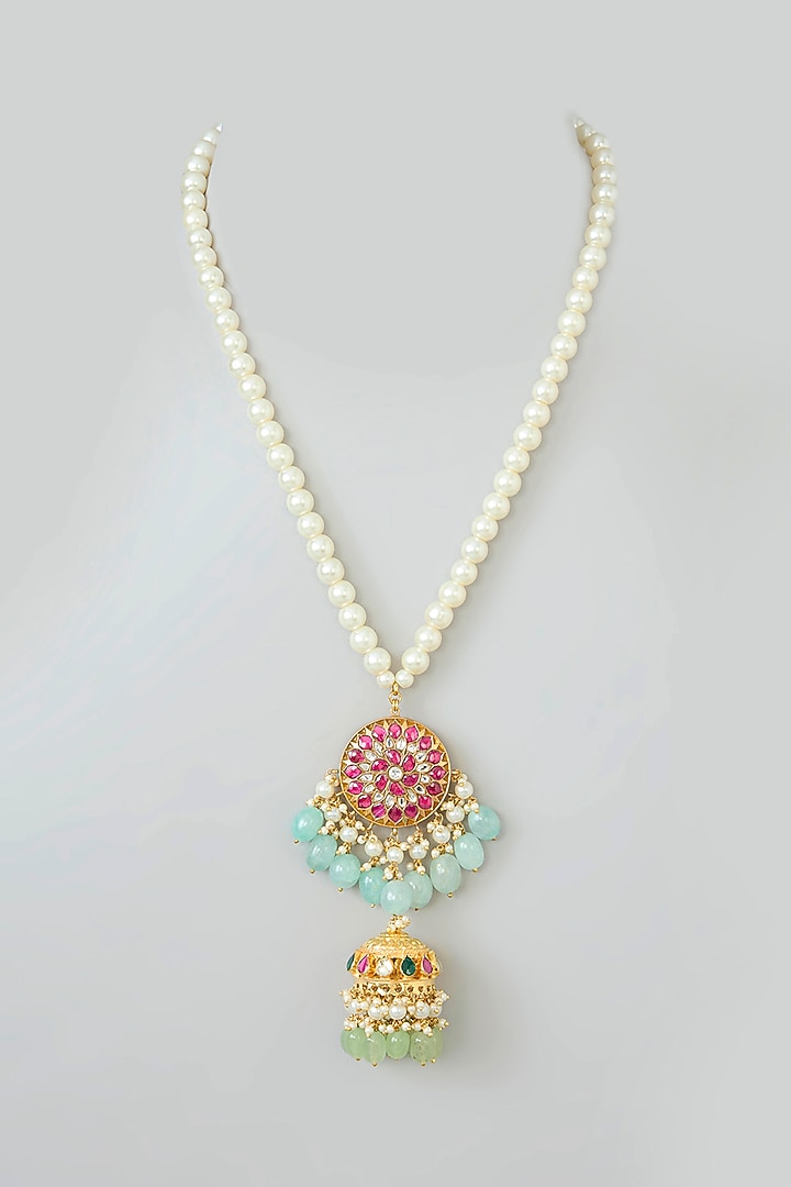 Gold Finish Kundan Polki & Pearl String Pendant Necklace by Kreart at Pernia's Pop Up Shop