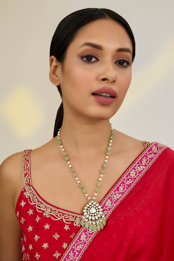 Gold Finish Kundan Polki & Multi-Colored Beaded Pendant Necklace by Kreart at Pernia's Pop Up Shop