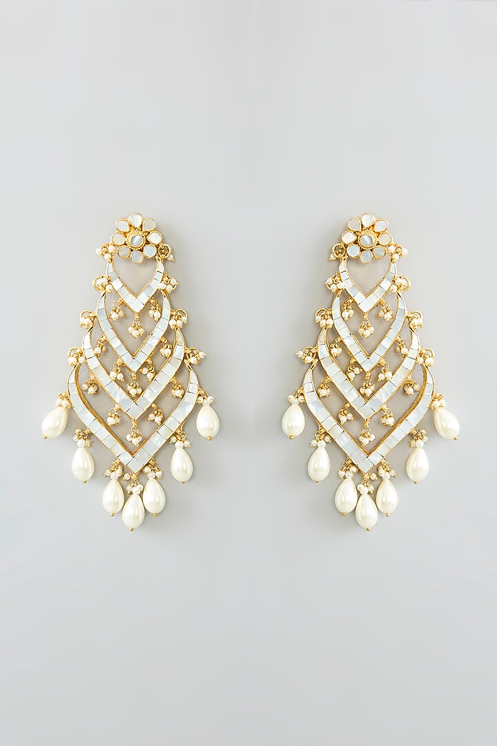 Gold Finish Kundan Polki & Pearl Beaded Chandbali Earrings by Kreart at Pernia's Pop Up Shop
