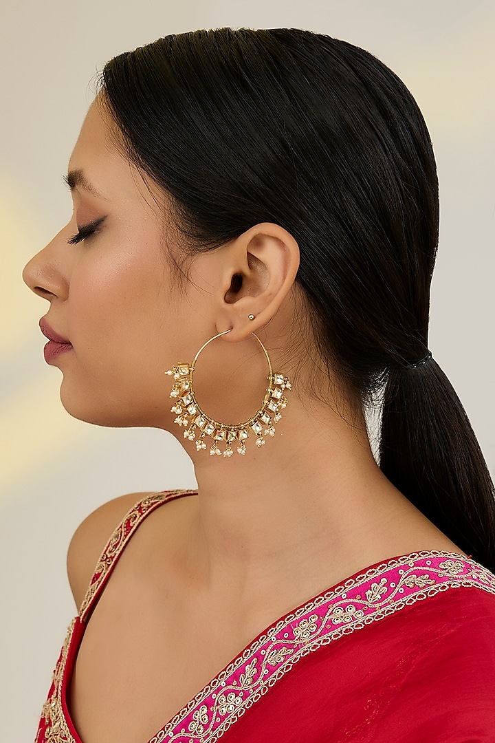 Gold Finish Kundan Polki & Pearl Beaded Chandbali Earrings by Kreart at Pernia's Pop Up Shop