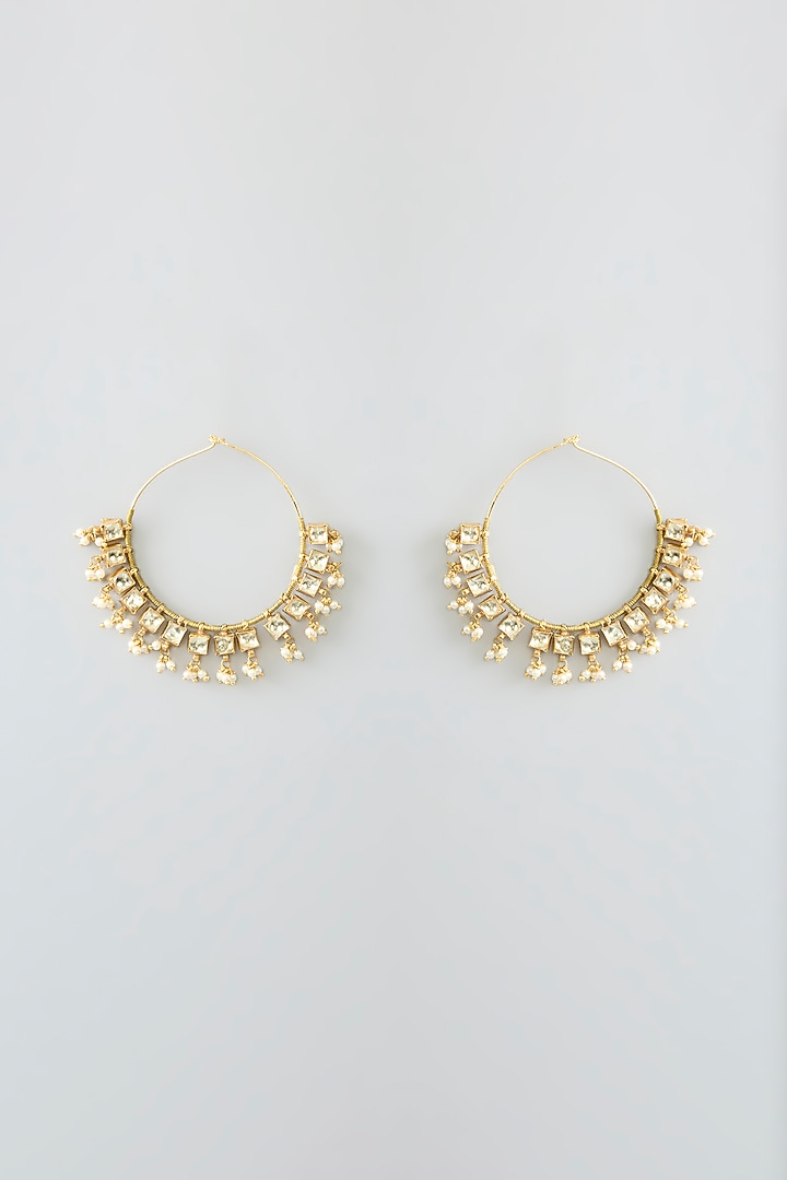 Gold Finish Kundan Polki & Pearl Beaded Chandbali Earrings by Kreart at Pernia's Pop Up Shop