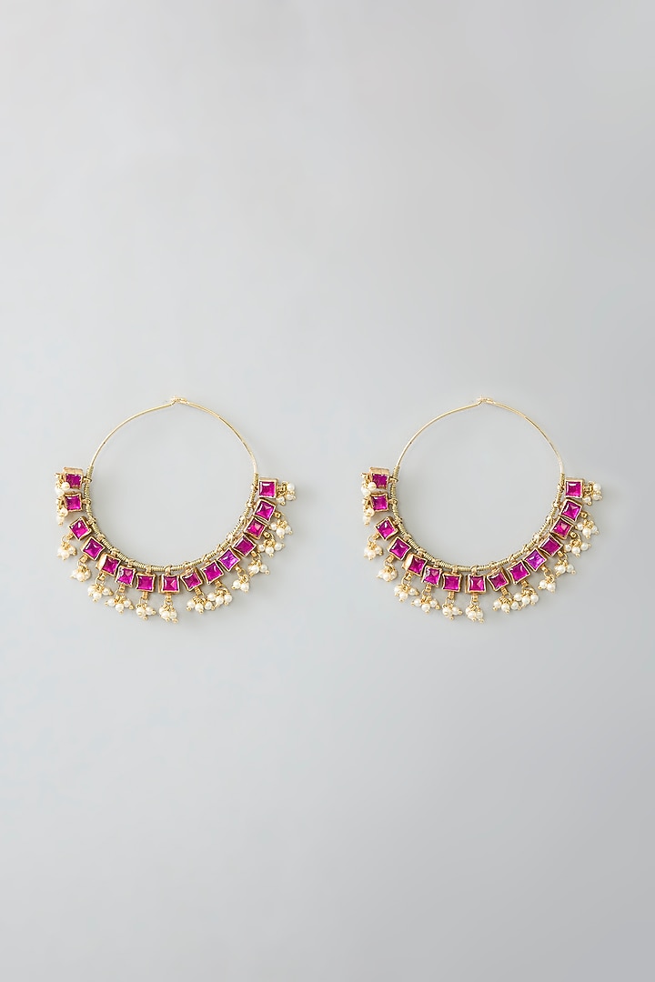 Gold Finish Kundan Polki & Pearl Beaded Chandbali Earrings by Kreart at Pernia's Pop Up Shop