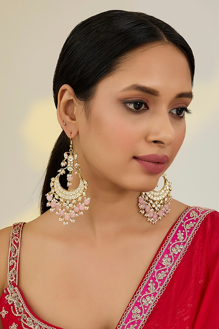 Gold Finish Kundan Polki & Pink Bead Chandbali Earrings by Kreart at Pernia's Pop Up Shop