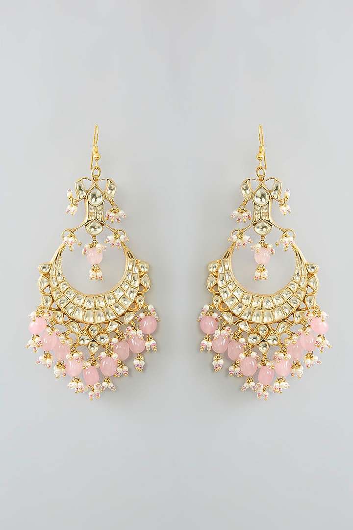 Gold Finish Kundan Polki & Pink Bead Chandbali Earrings by Kreart at Pernia's Pop Up Shop